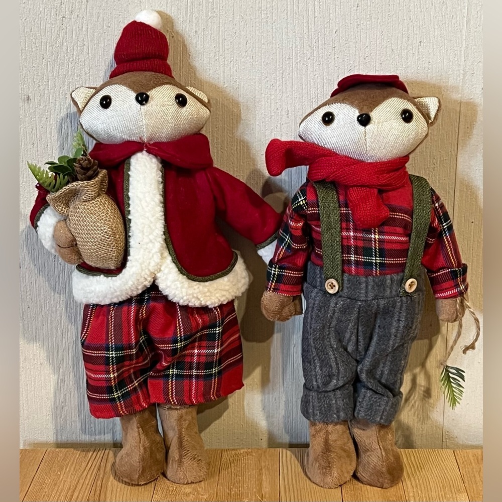 Pair of Plaid Fox Holiday Decor